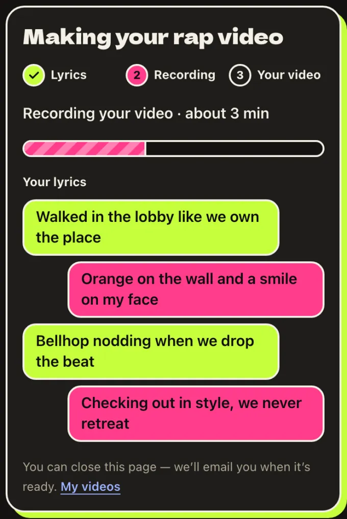 The progress card showing the four lyric lines while the video records
